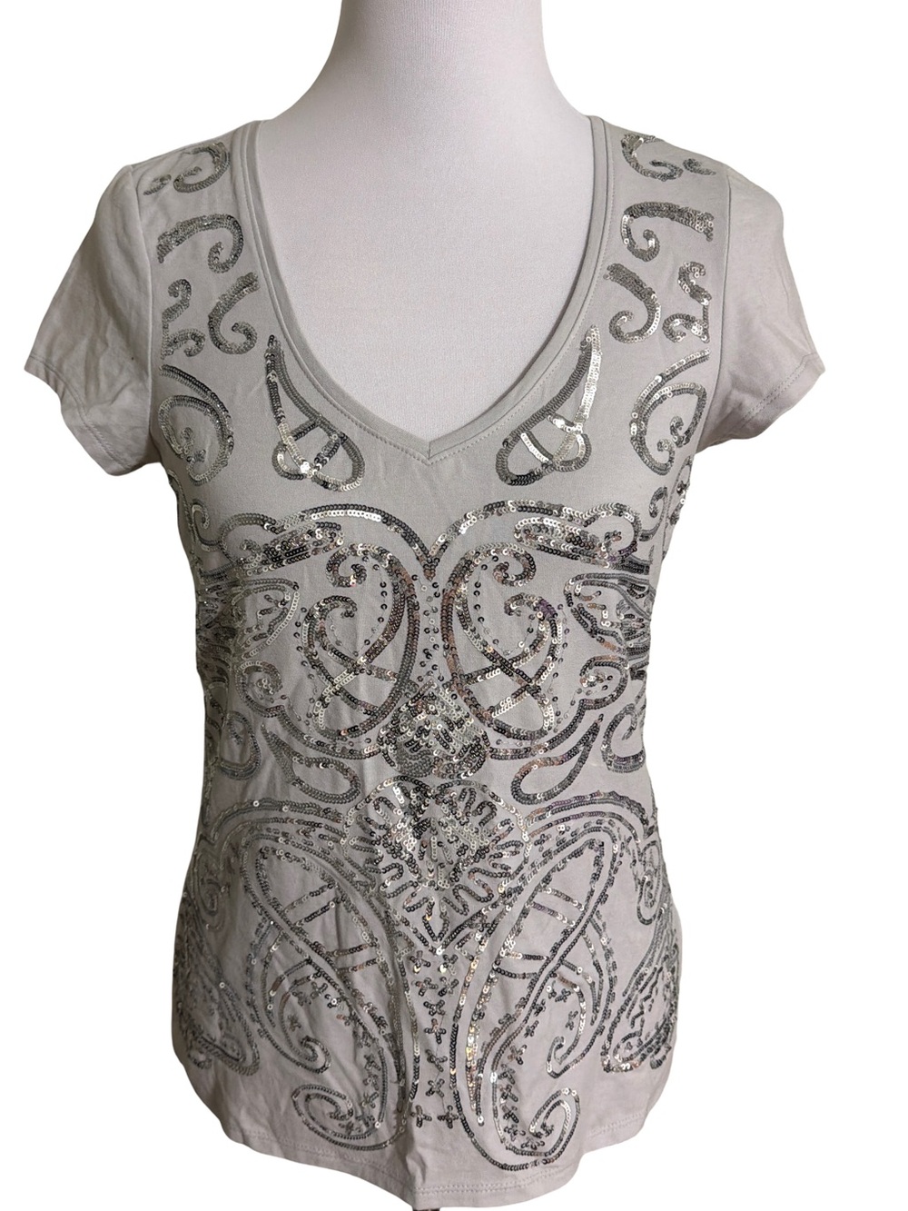White House Black Market Light Gray V-Neck Sequin Embellished Top